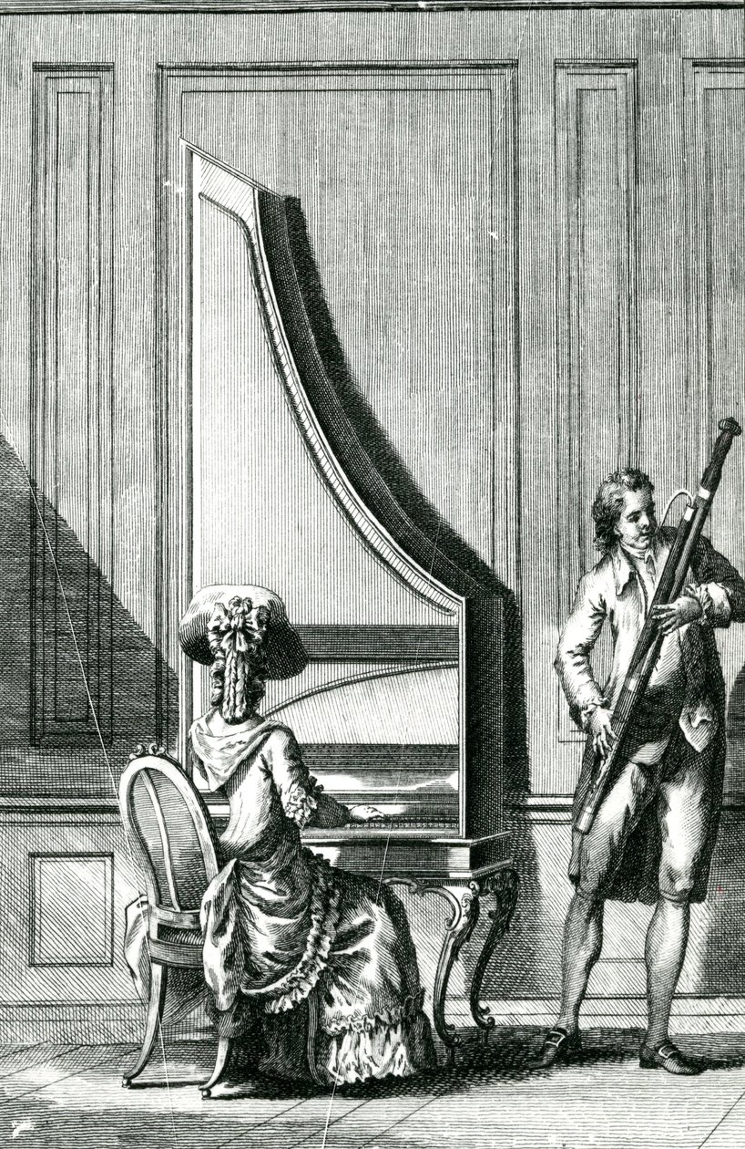 Dik bir klavikord ve bir fagot çalan müzisyenler by French School