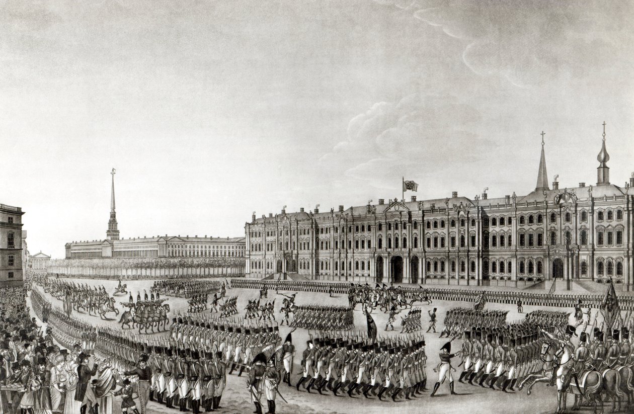 İmparatorluk Sarayı önünde geçit töreni, St.Petersburg, 1812 by French School
