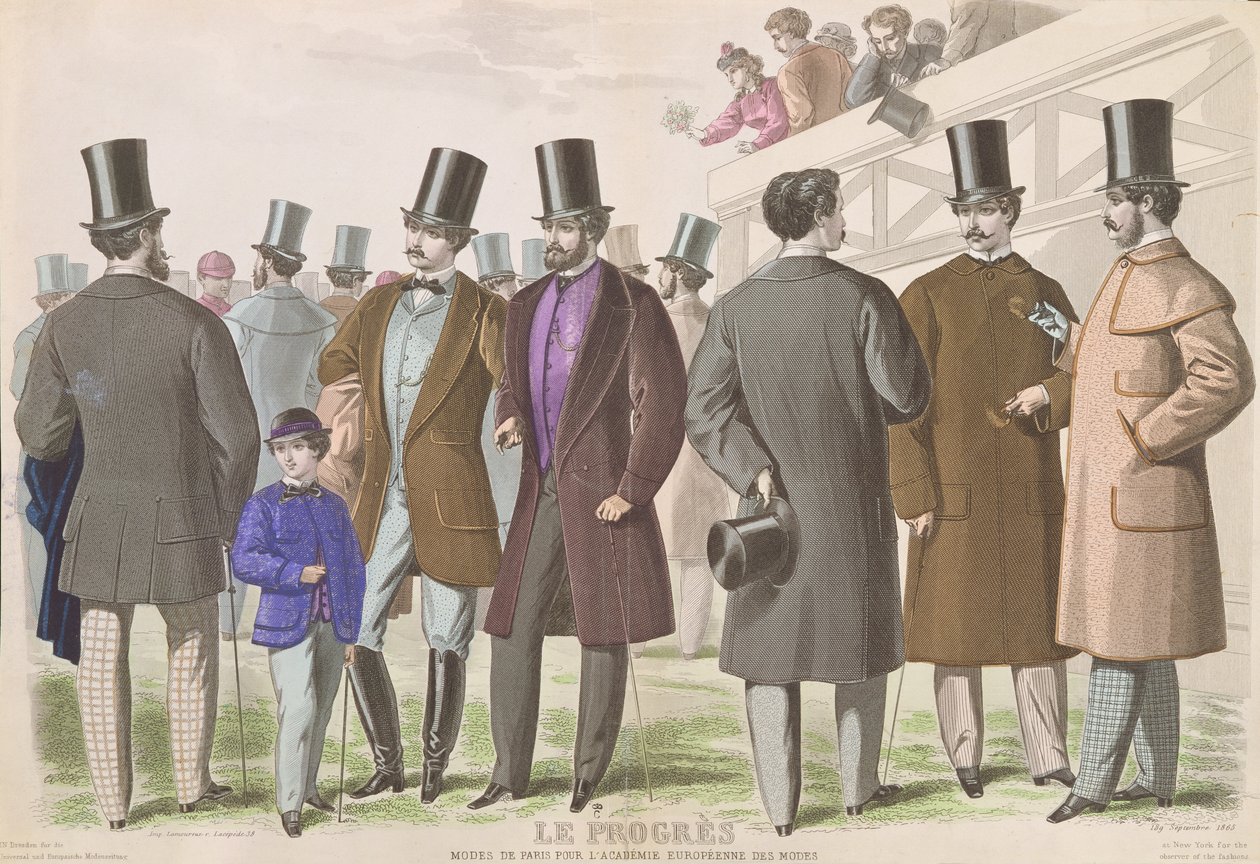 Modaya uygun erkeksi giyim için Paris reklamı, 1865 by French School