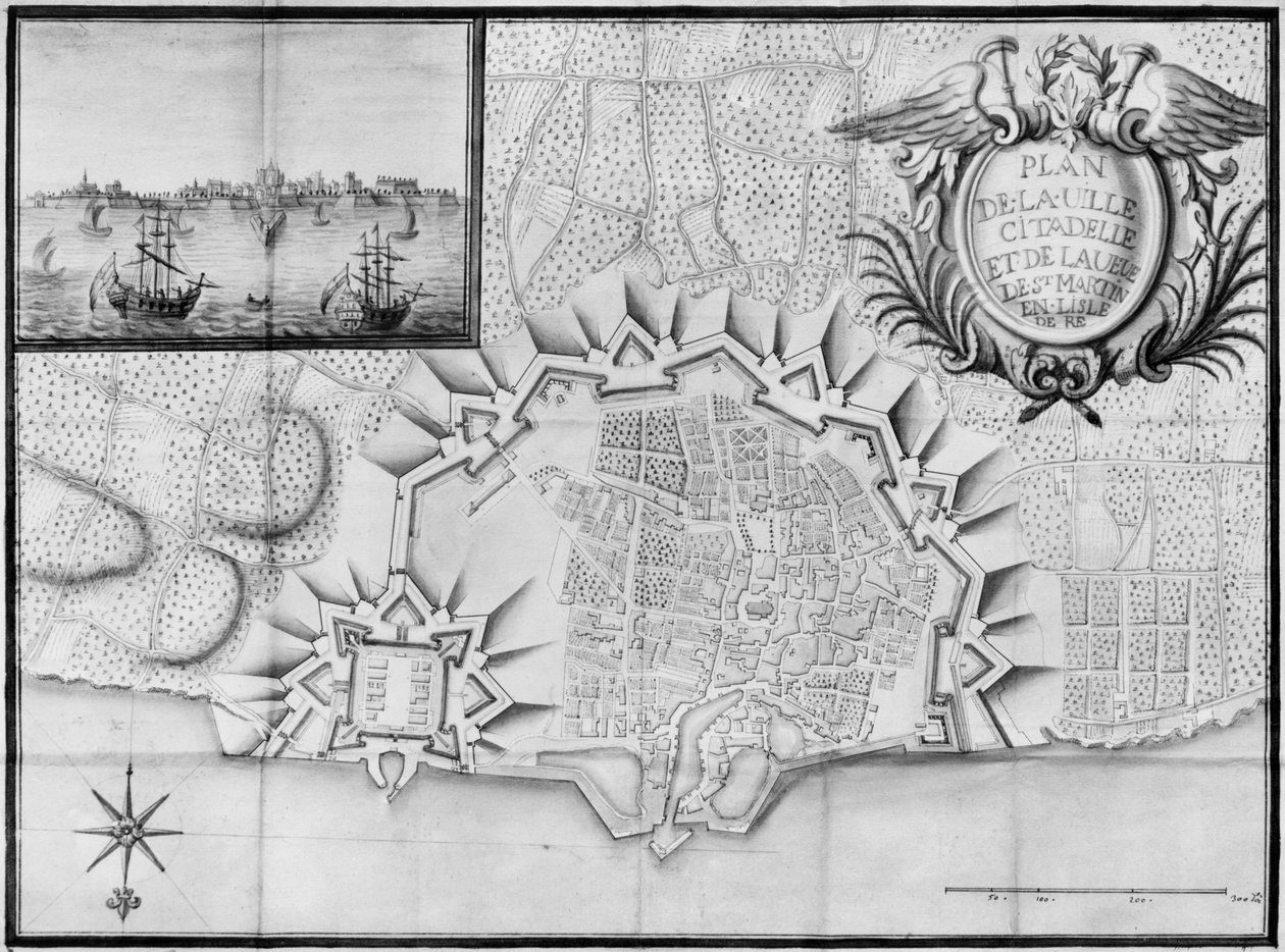 Şehir planı ve Saint-Martin-de-Re kalesi, Ile de Re (kağıt üzerinde kalem ve tuvalet) by French School