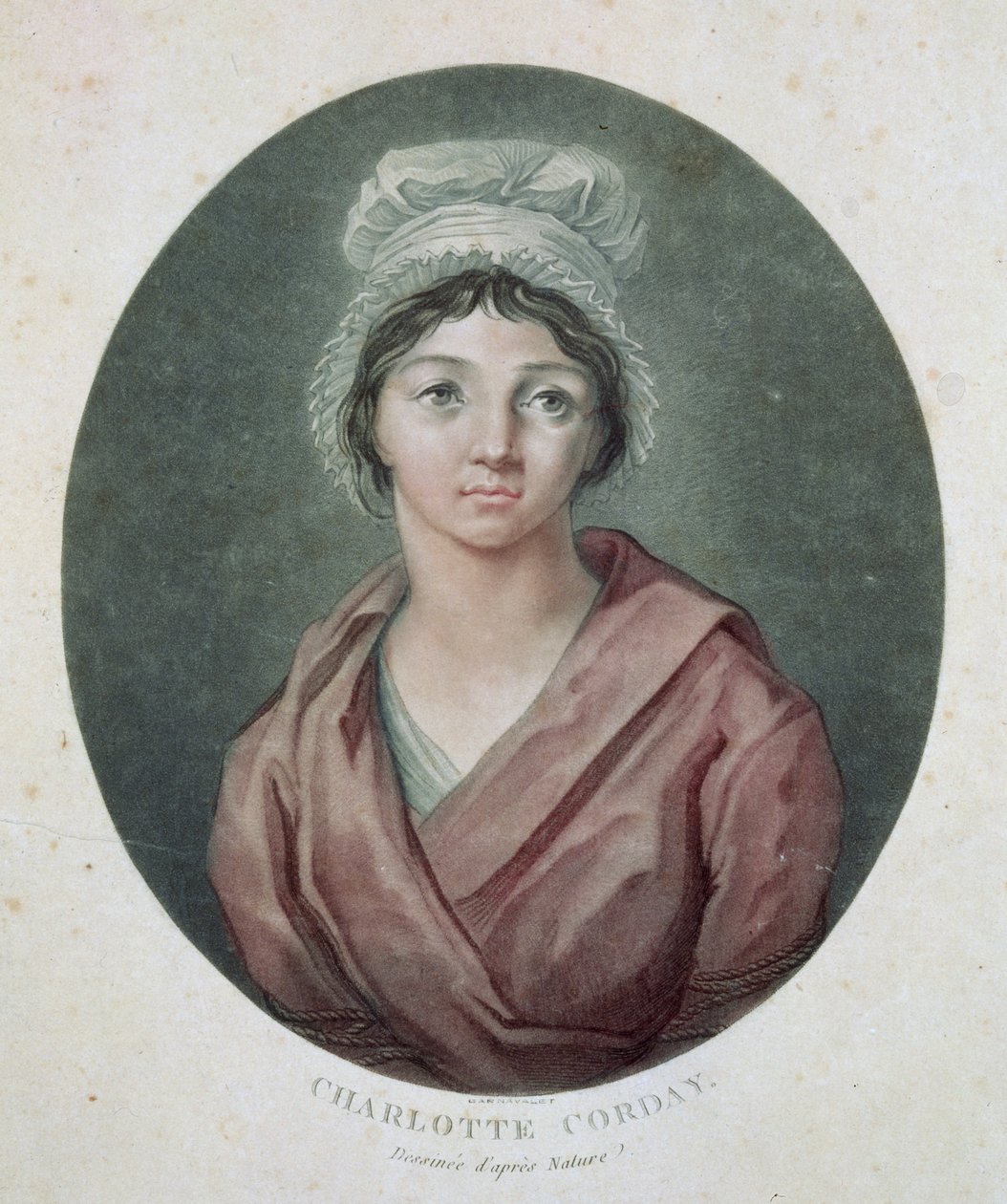 Portrait of Charlotte Corday (1768-93) after 1793 (aquatint) by French School