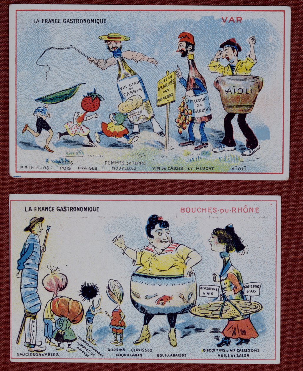 Var ve Bouches-du-Rhone bölgelerinin Özel Yemeklerini tasvir eden çocuklar için promosyon ve eğitici Kartlar, 1910 dolayları by French School
