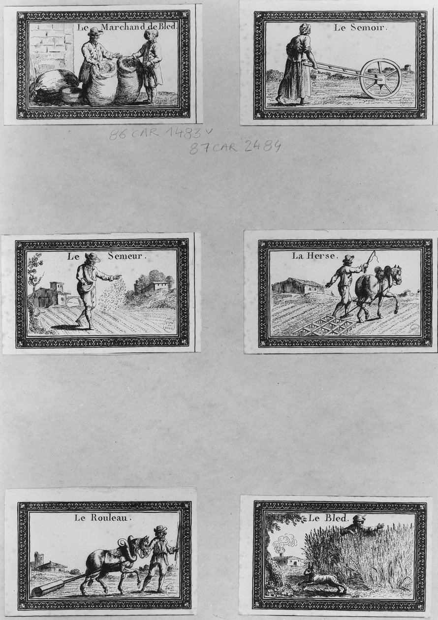 Six vignettes depicting the cultivation of cereals   by French School