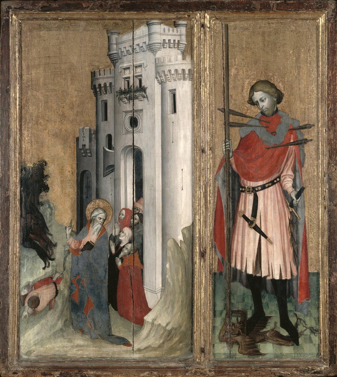 St. Andrew Chasing Demons from the Town of Nicaea and St. Sebastian, right hand panel of the Thouzon altarpiece, School of Provence (tempera on panel) by French School