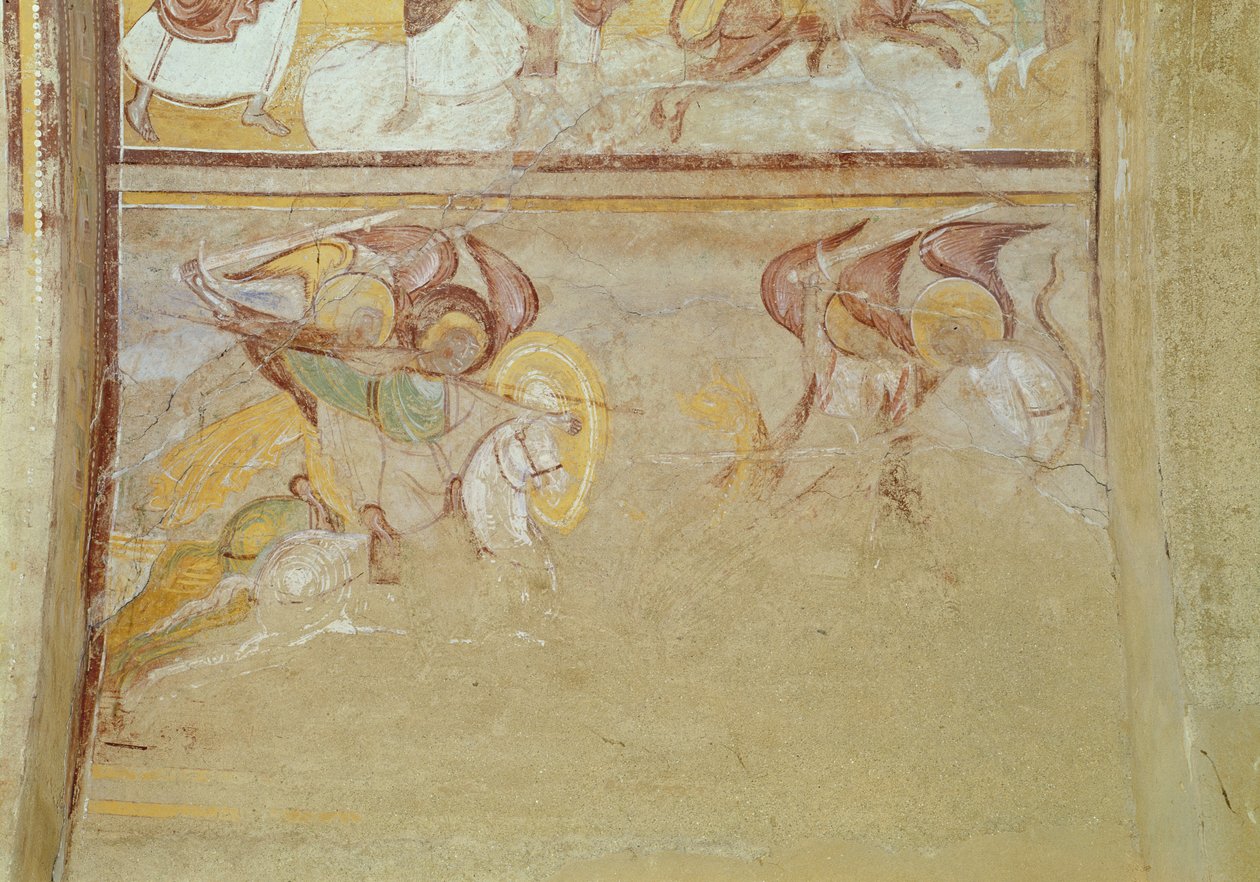 Aziz Mikail ve Ejderhayla Savaşan Melekler, narteksten Kıyamet detayı, c.1100 (fresk) by French School