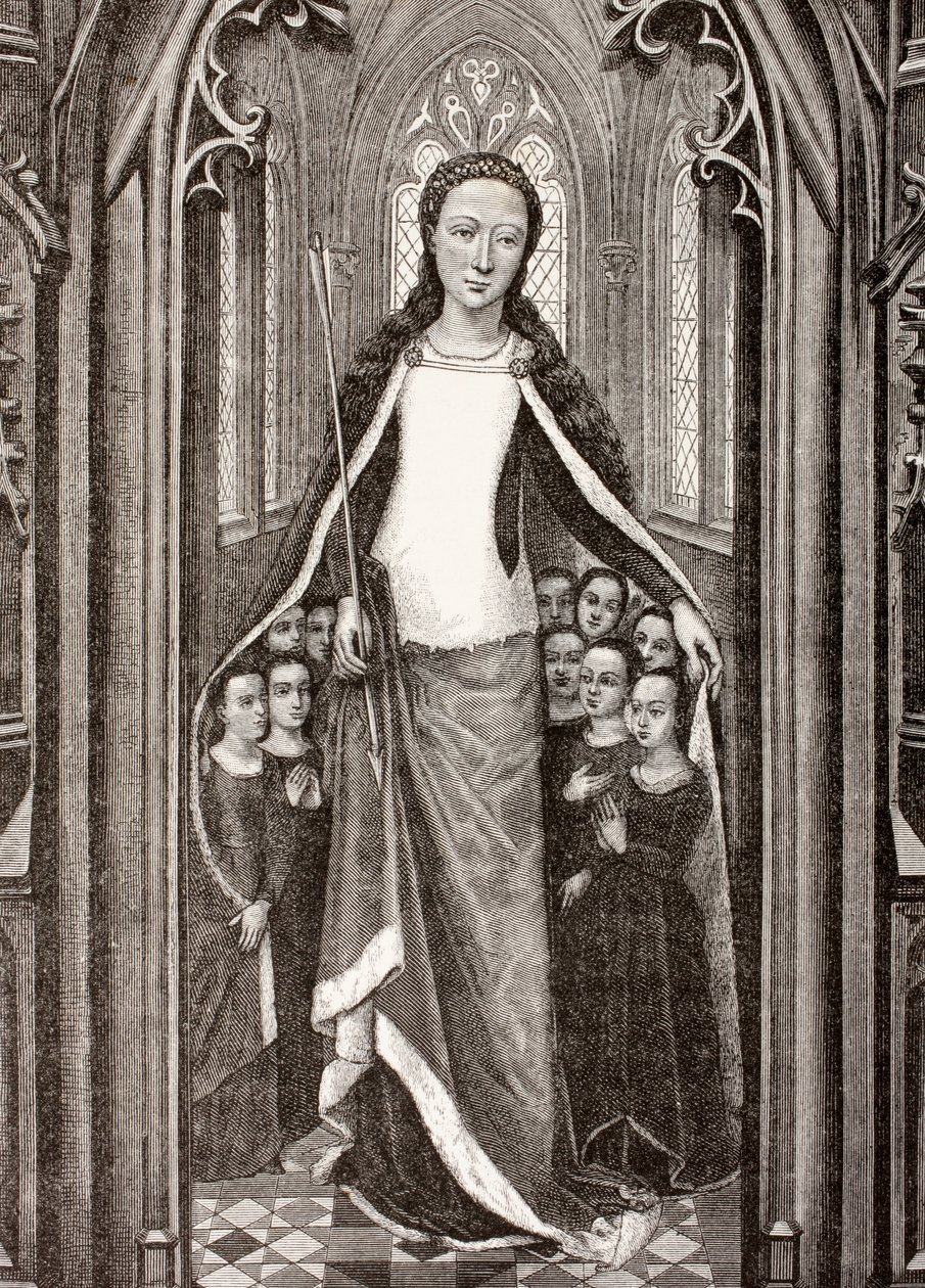 St. Ursula holding an arrow, the symbol of her martyrdom, and protecting virgins beneath her cloak, from 