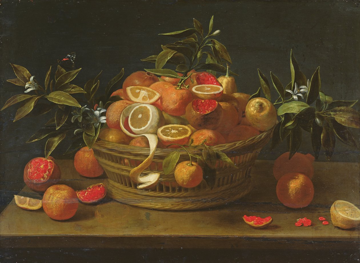 Limon, portakal ve nar ile natürmort (tahta üzerine yağlı boya) by French School