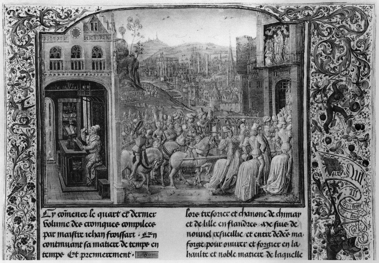 T.4 fol.1 L: Froissart vakayinamesini yazıyor, R: Bavyeralı Isabella (1371-1435) 1389