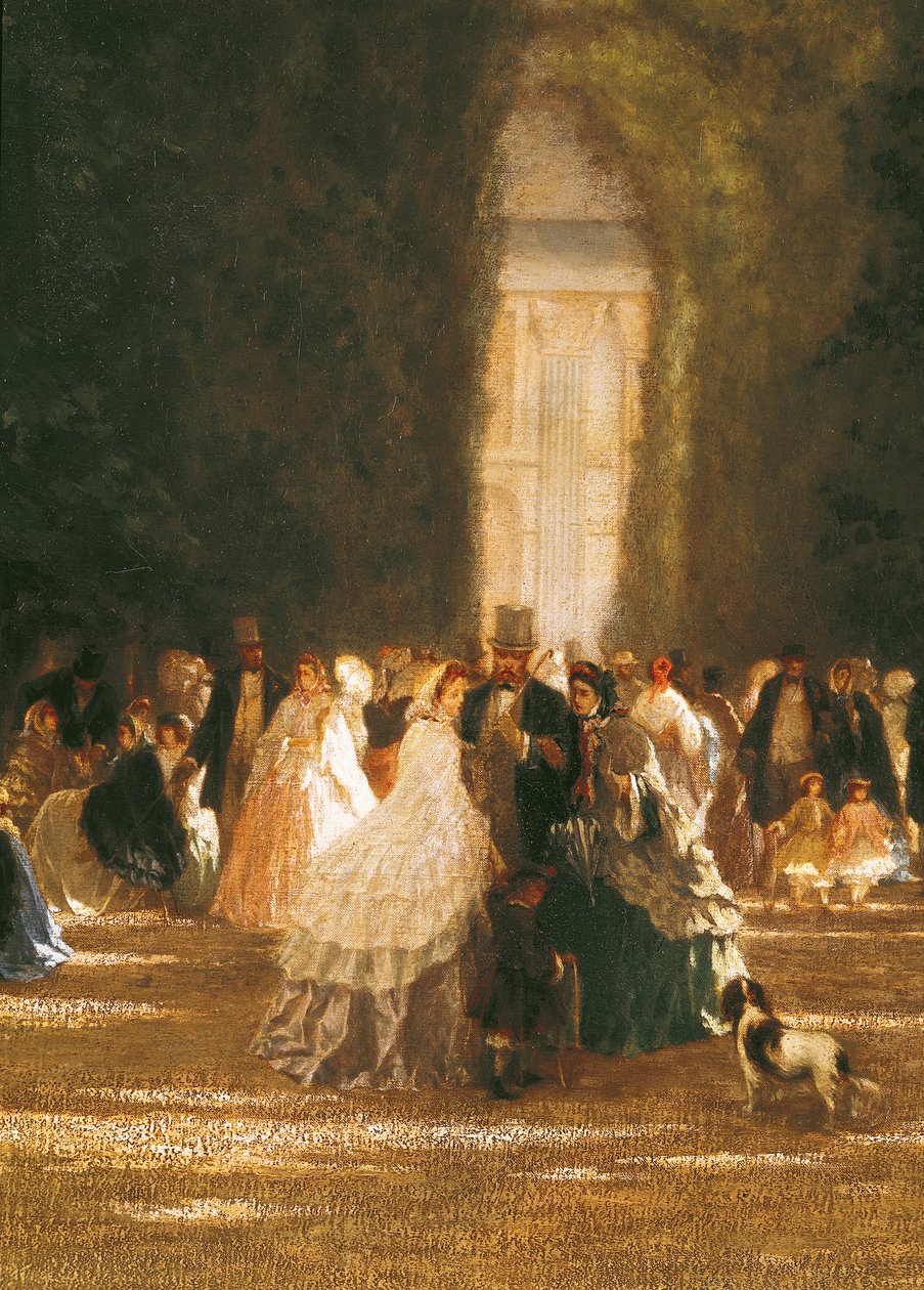 İkinci İmparatorluk döneminde Tuileries Bahçesi, köpekli bir grubun detayı by French School