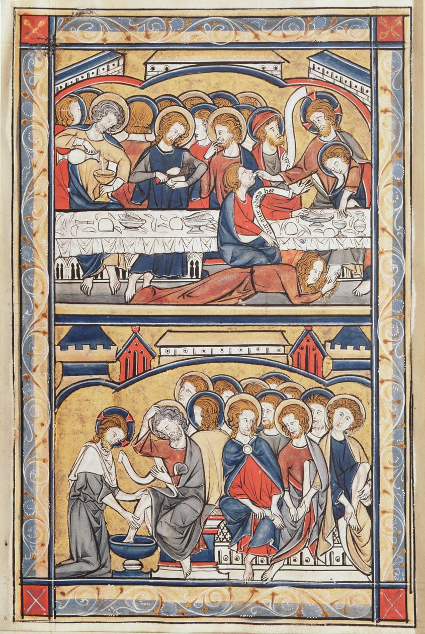 Son Akşam Yemeği ve Ayakların Yıkanması, 1260 dolayları (parşömen üzerine tempera ve altın varak) by French School