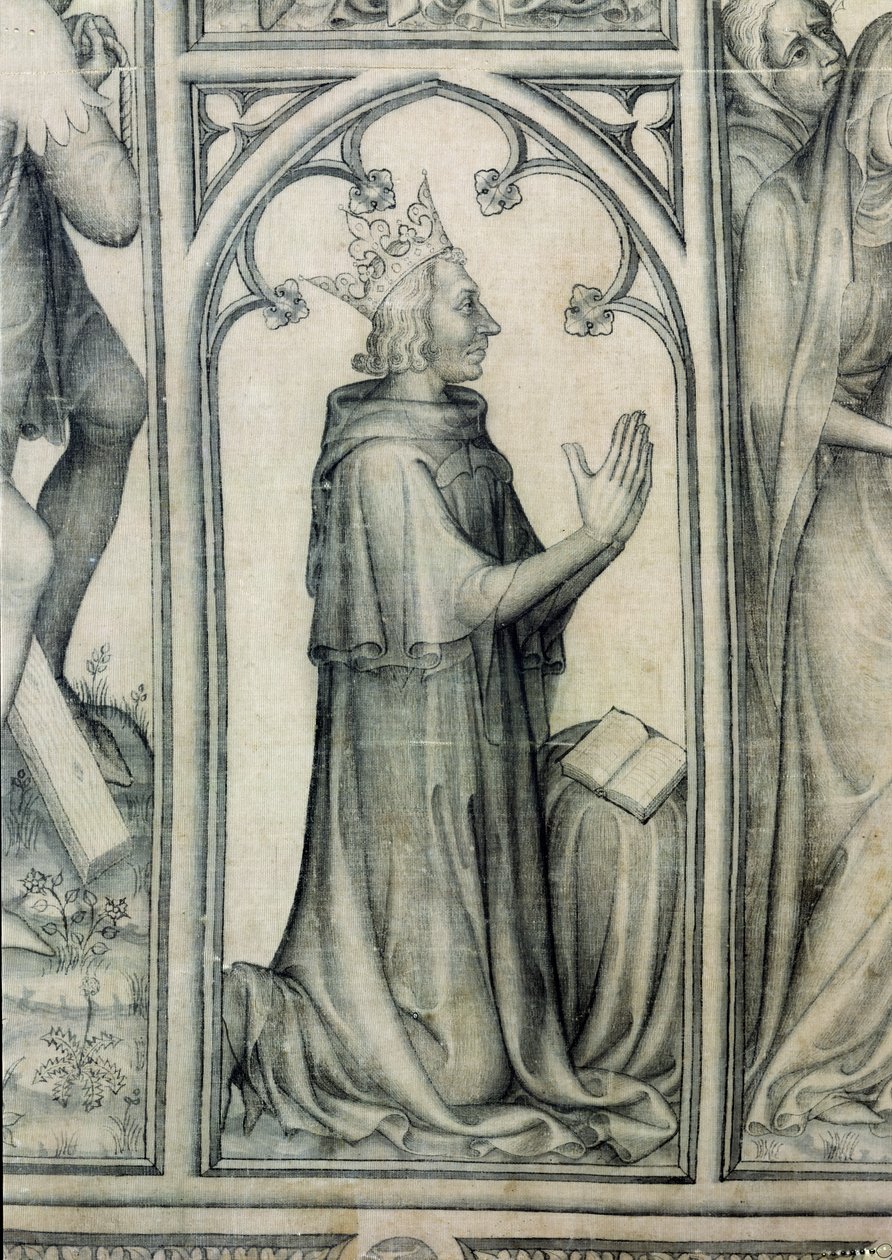 Narbonne Parement, Charles V (1338-80) dua ederken detay, c.1375 (ipek üzerine grisaille) (83469 detayı) by French School