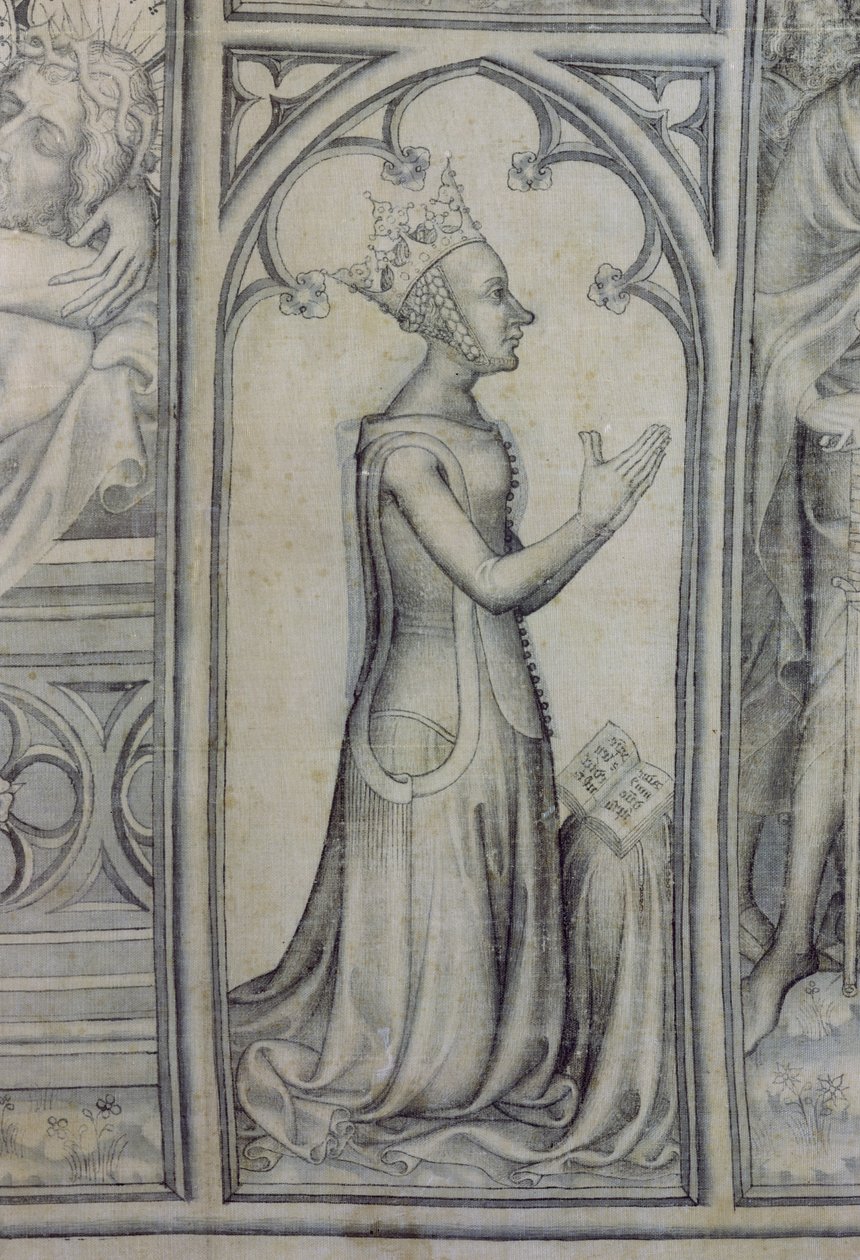 Narbonne Parement, Jeanne de Bourbon (1338-77) dua ederken detay, c.1375 (ipek üzerine grisaille) (83469 detay) by French School
