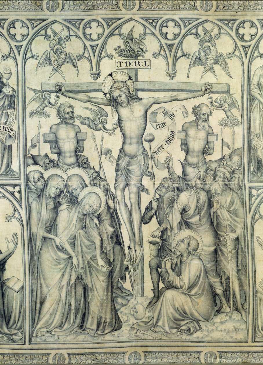 Narbonne Parement, Çarmıha Gerilme detayı, c.1375 (ipek üzerine grisaille) (83469 detayı) by French School