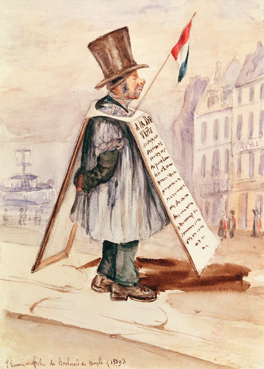 Sandwich Board Man, Boulevard du Temple, 1839 by French School