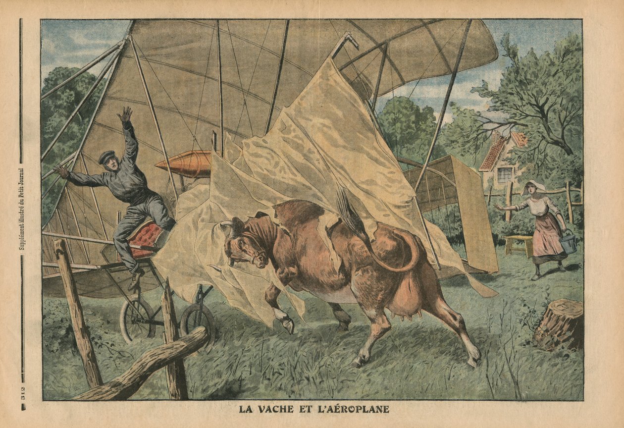 İnek ve uçak, "Le Petit Journal"dan bir çizim, ek illustre, 25 Eylül 1910 by French School