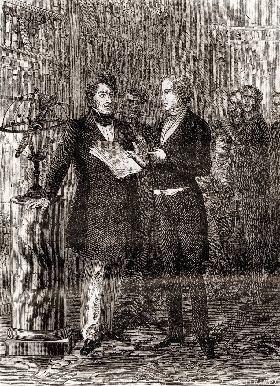 Urbain Jean Joseph Le Verrier, sağda, Kral Louis-Philippe tarafından karşılandı, solda, Paris, Fransa, Neptün gezegenini 1846