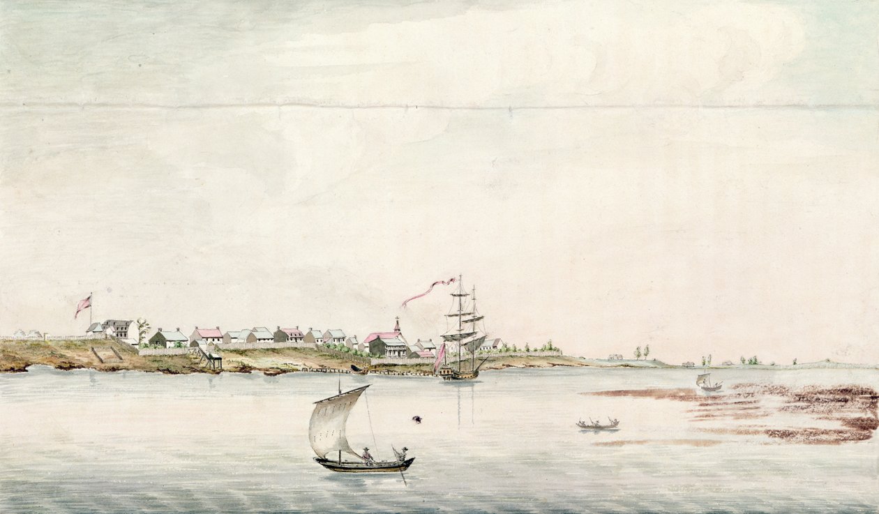 Detroit kasabasının ve kalesinin görünümü, on sekizinci yüzyılın sonlarında by French School