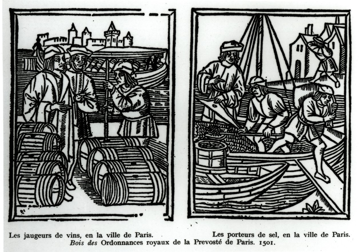 Şarap ölçerler ve tuz tüccarları, 1501 (ksilograf) by French School