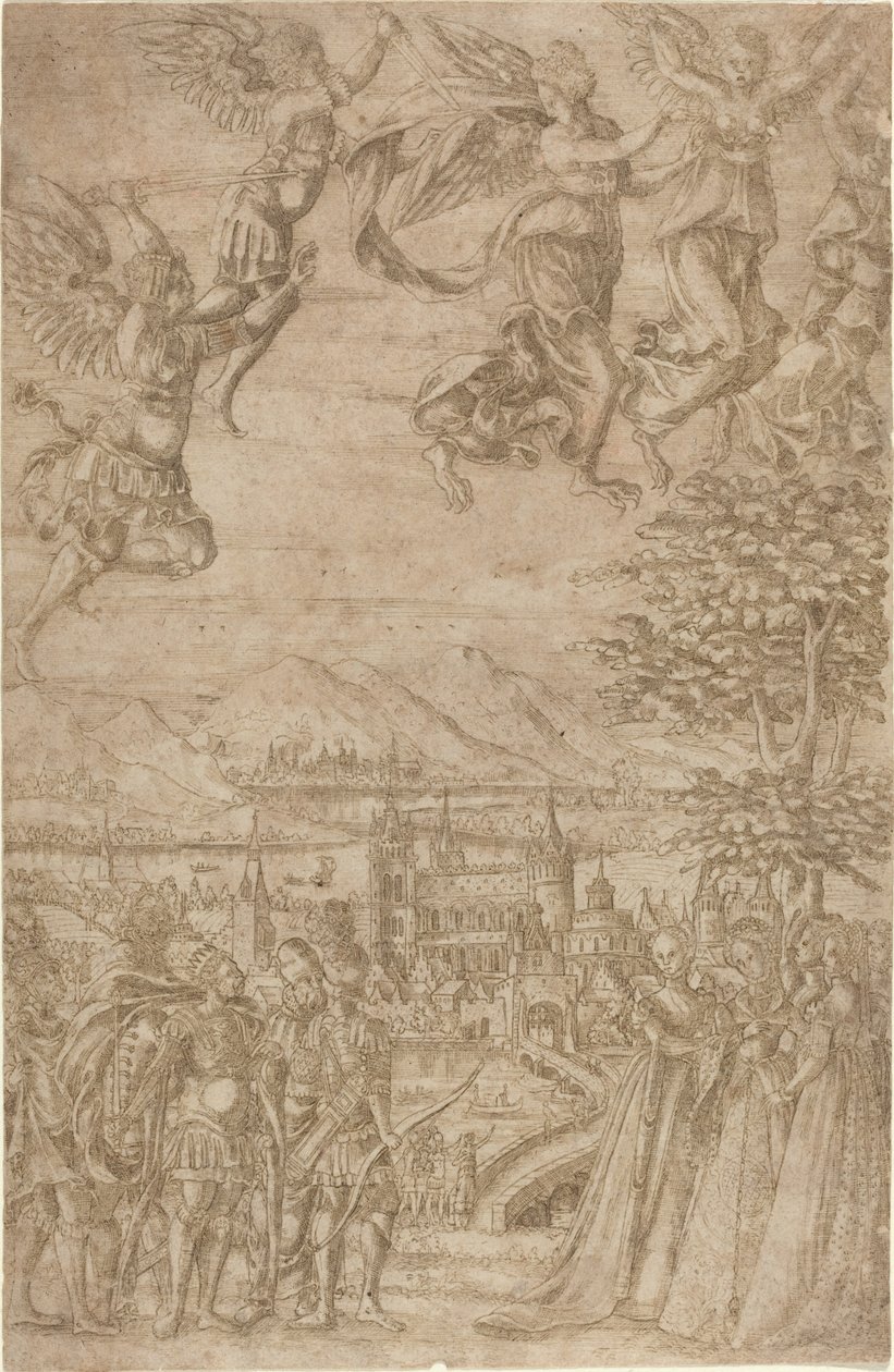 Bir Kral ve Maiyeti, Göksel Bir Savaşta Leydilerle Karşılaşıyor by French 17th Century
