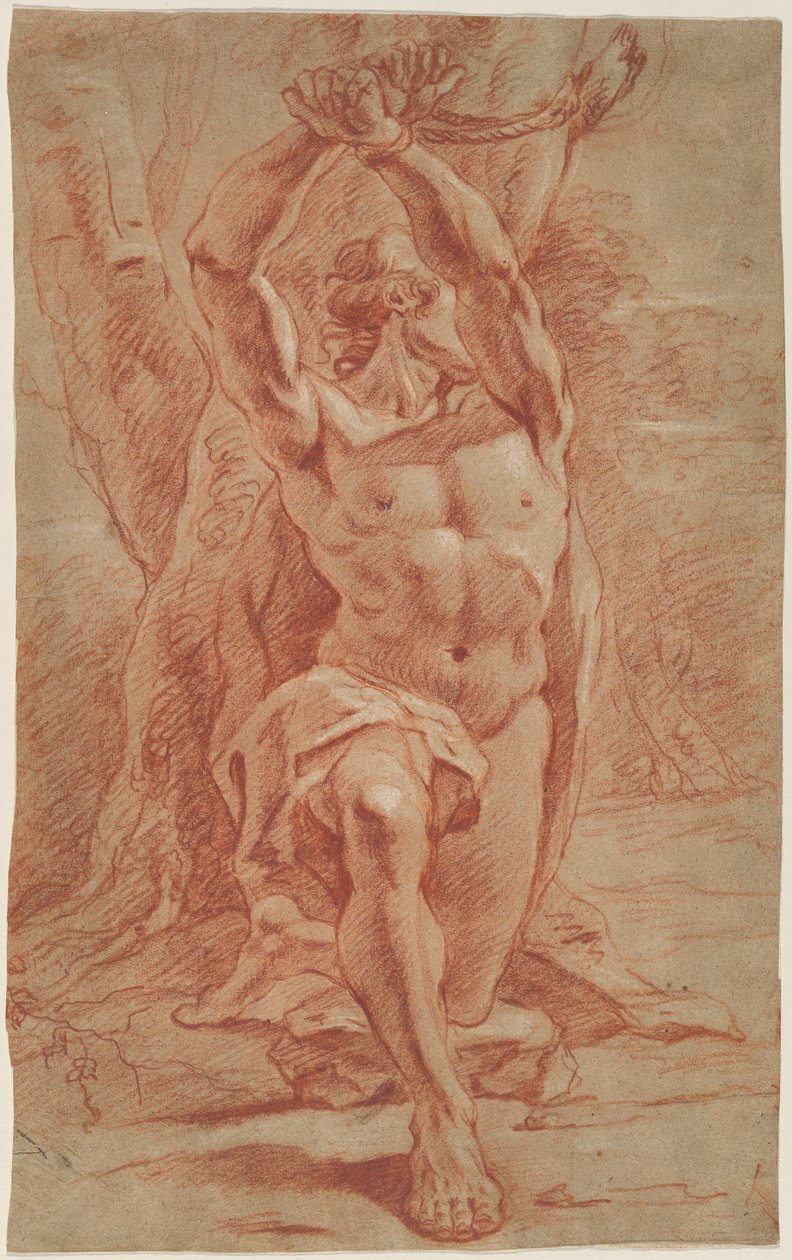 Bir ağaca bağlı diz çökmüş adam by French 17th Century