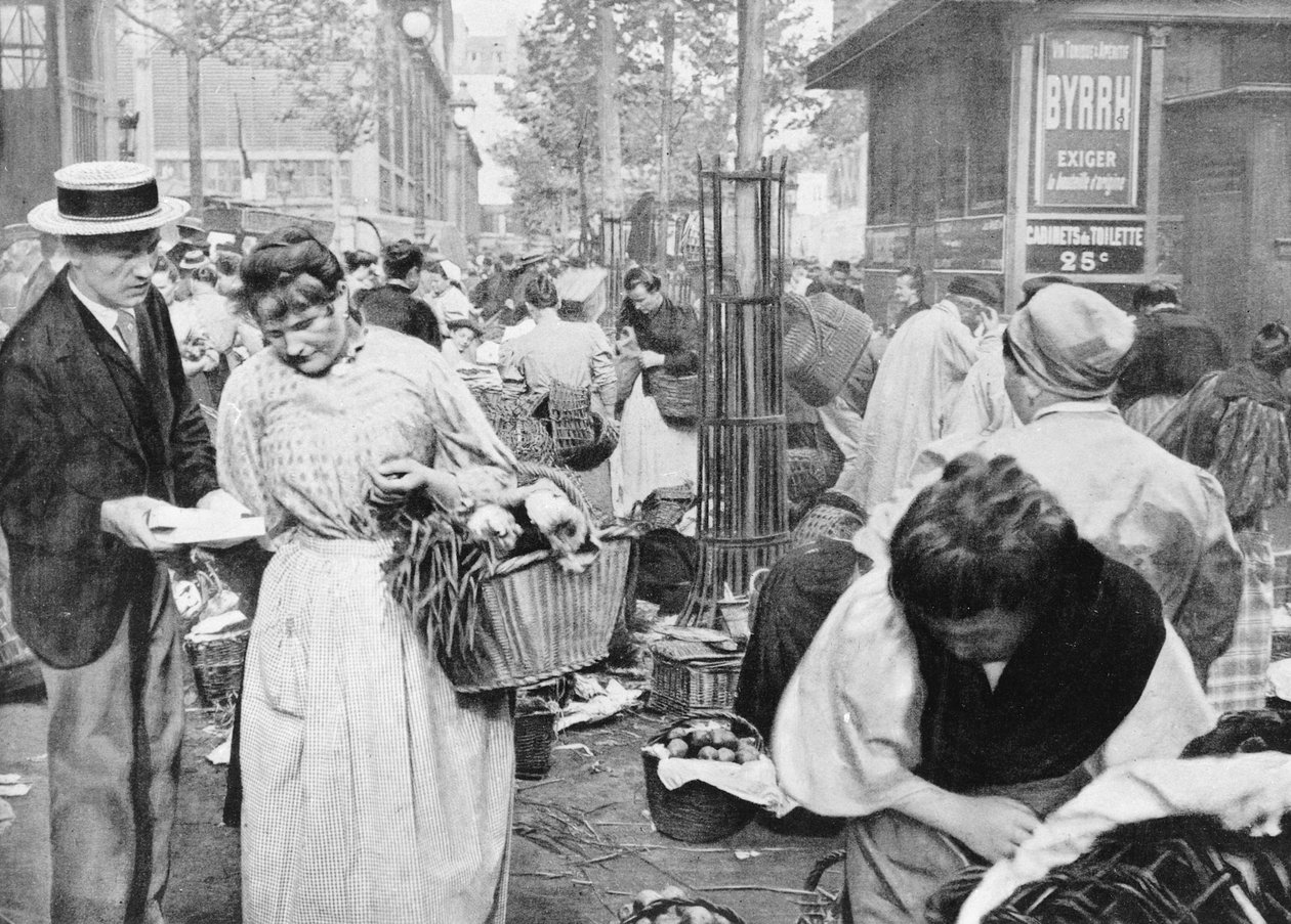 Alıcılar ve satıcılar arasında Hawker, Les Halles, Paris, 1896 by French Photographer