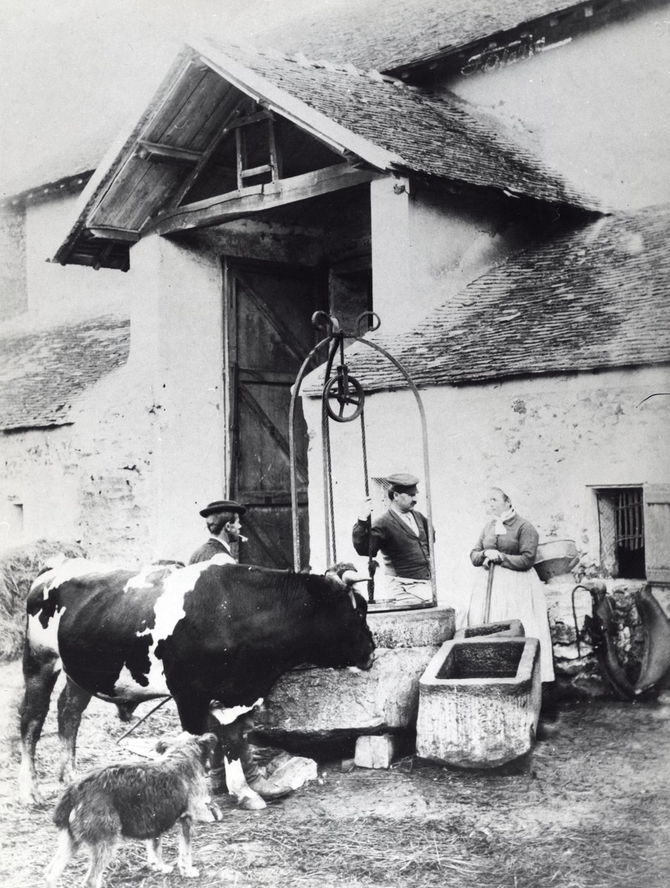 Çiftlik bahçesinde bir kuyu etrafındaki köylüler, 1860-70 dolayları (s/b fotoğraf) by French Photographer