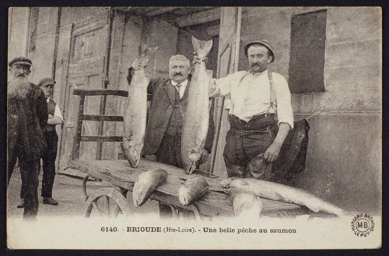 Brioude, Haute-Loire, 1900 dolaylarında iyi bir somon balığı avını gösteren kartpostal by French Photographer