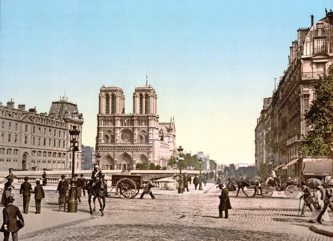 Notre Dame Batı Cephesi ve Pont St. Michel, Paris, pub. yaklaşık 1900 by French Photographer