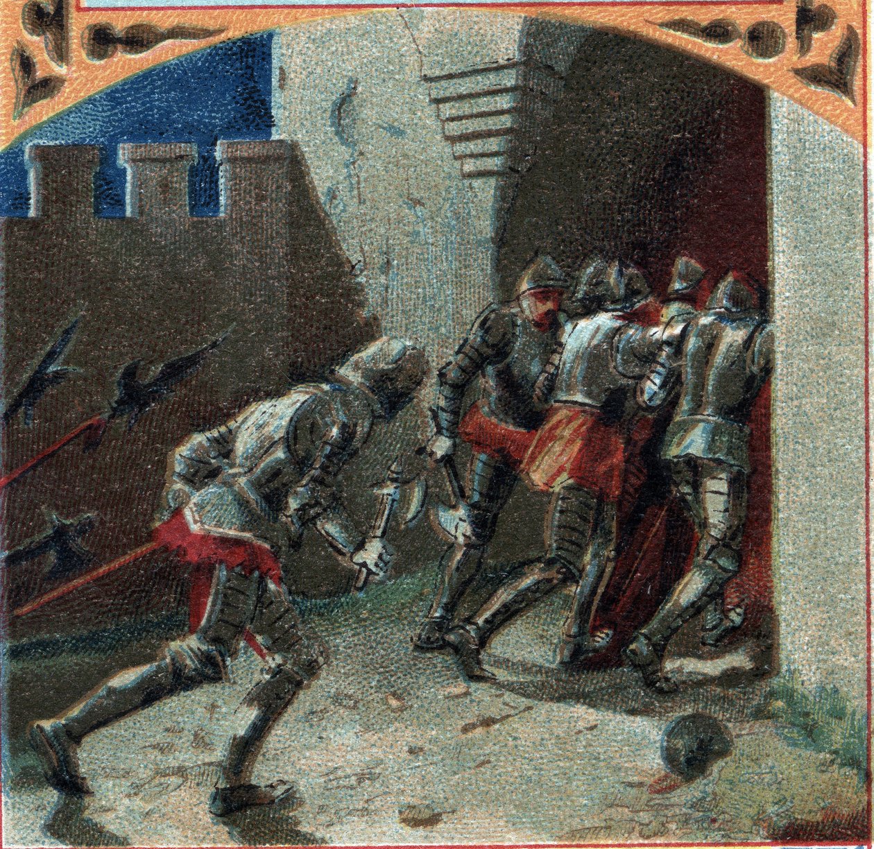 100 yıllık savaş: Burgonyalıların ordusu ihanetle Pierrefonds kalesini ele geçirdi (14. yüzyıl). 19. yüzyılın sonlarında kromolitografi by French School