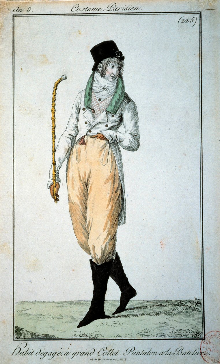 18. yüzyıl modası: Büyük yakalı Paris takımı, botlu pantolonlar. Paris, Musee du Kostüm by French School