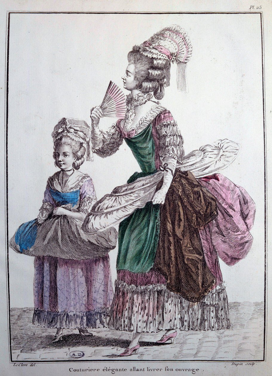 18. yüzyıl modası: işini teslim eden zarif bir tasarımcı, kadın elbisesini desteklemek için kullanılan balinalarla süslenmiş bir kombinezon. 1778 Paris gravürü, dekoratif sanatlar by French School