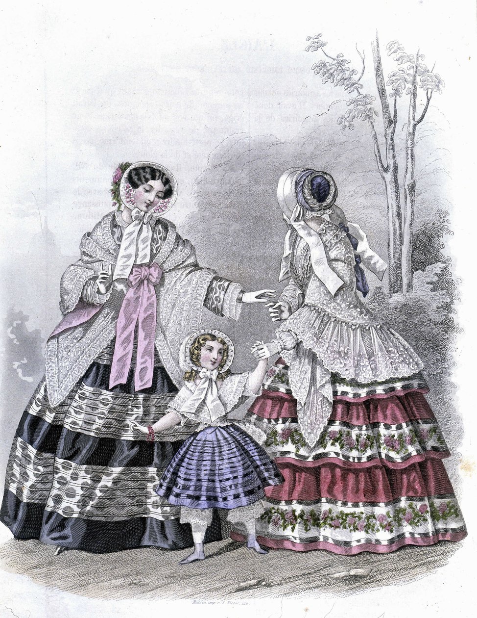 Yürüyüşte bir kızı olan 2 moda kadın - “Journal des Demoiselles” 1852