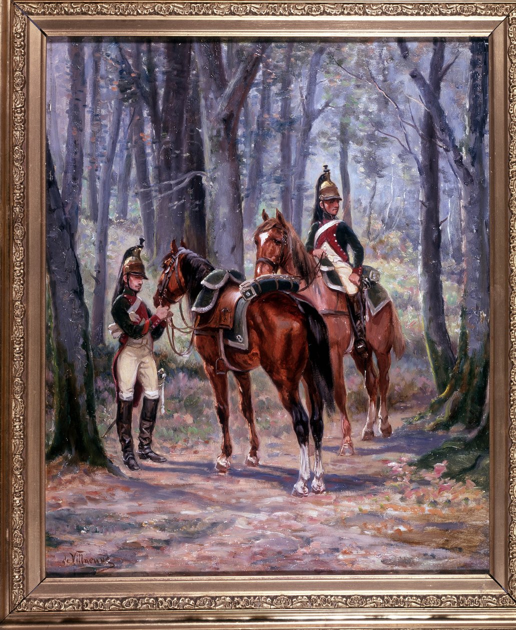 8. Ejderhaların 2 binicisi, izci olarak gitmiş, 65 x 58 cm, tuval üzerine yağlıboya, 19. yüzyılın sonlarında askeri ressam De Villeneuve. by French School