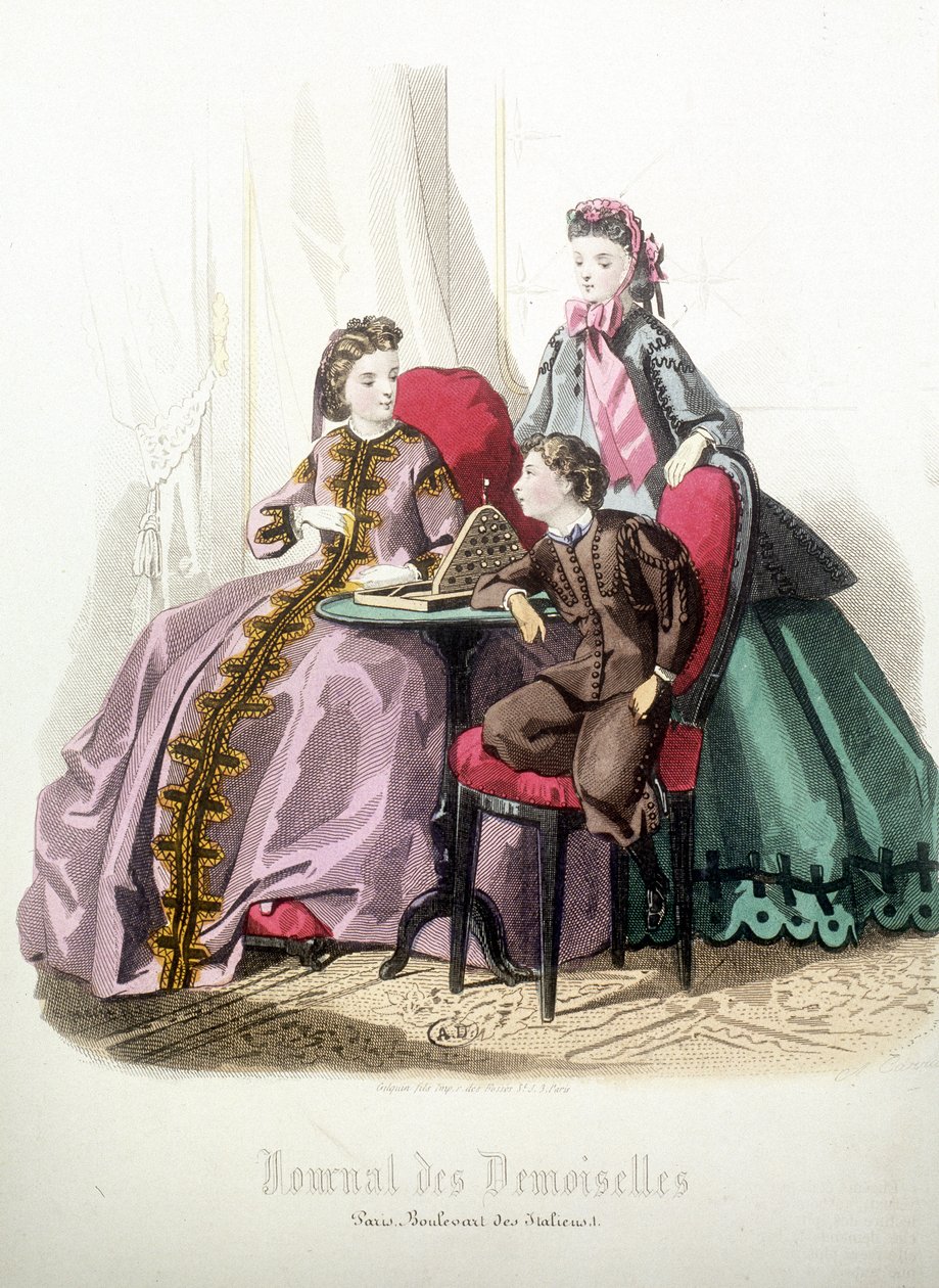 2 kadın ve bir erkek: Moda - “” Magazine des damoiselles””de, Aralık 1864 by French School