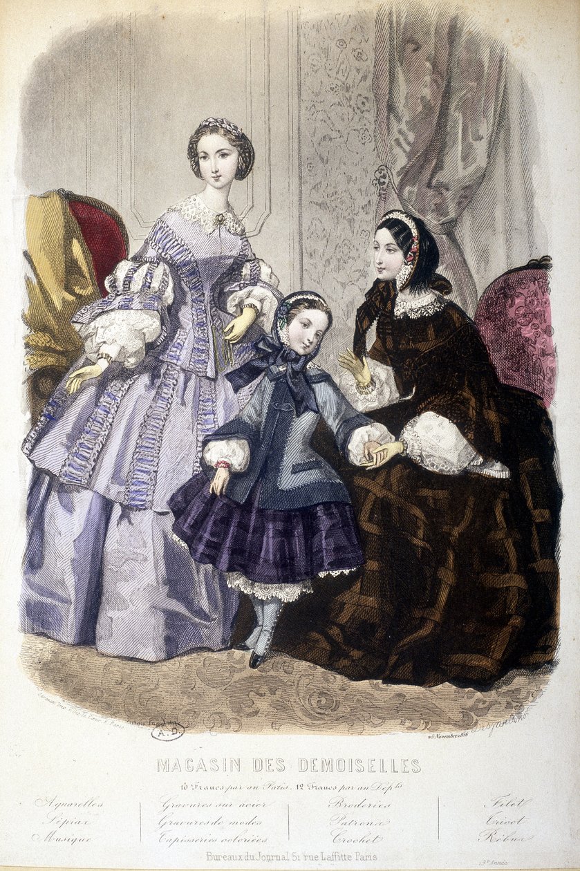 2 kadın ve bir kız: Moda - “” Magasin des damoiselles”” içinde. SD. 1850 dolaylarında. by French School