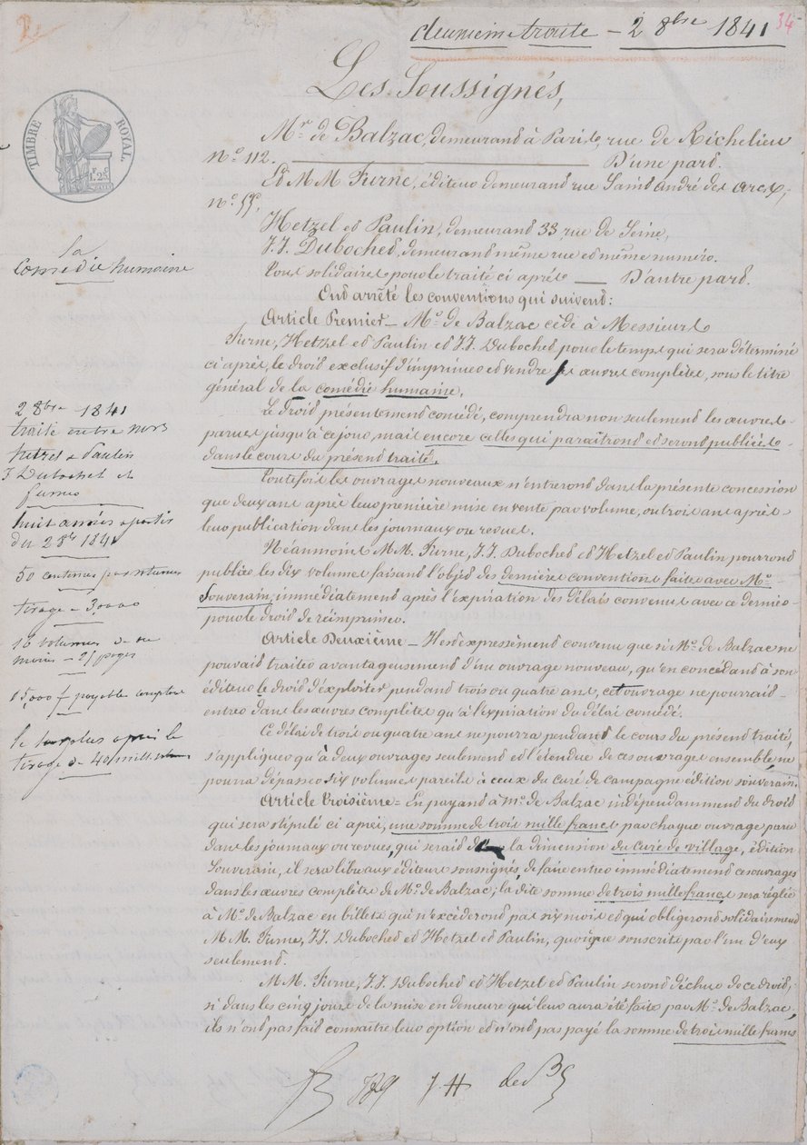 Honore de Balzac (1799-1850) ile Hetzel, Paulin, Dubochet ve yayıncı Charles Furne arasında La Comedie Humaine ile ilgili 2. Sözleşme belgesi, 2 Ekim 1841 by French School