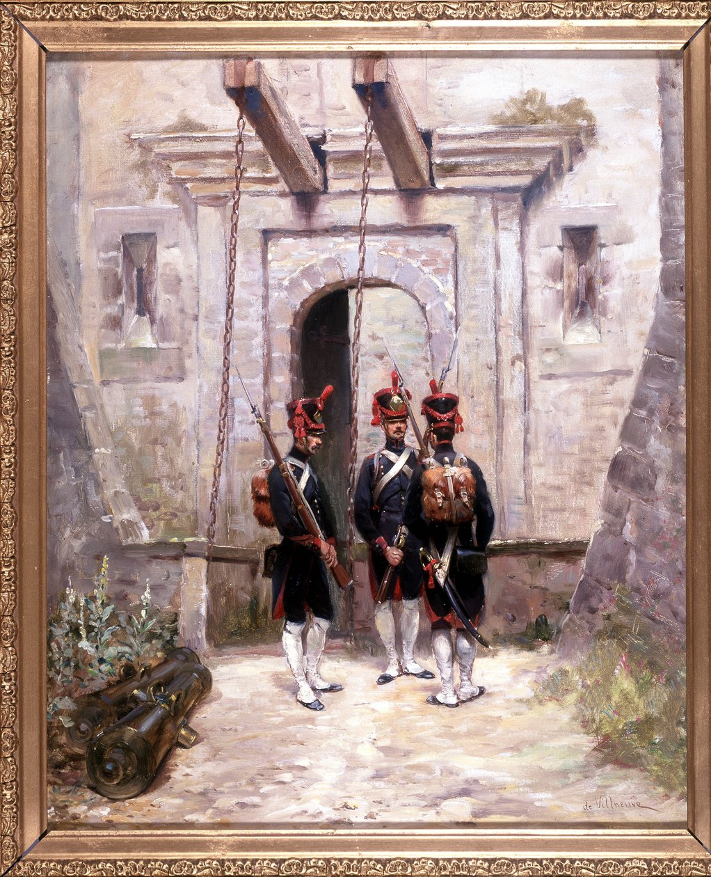 3 dönüştürme nişancı, 65 x 58 cm, tuval üzerine yağlıboya, 19. yüzyılın sonlarında askeri ressam De Villeneuve. by French School