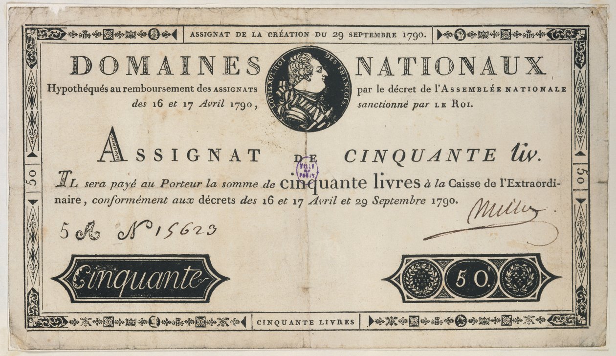 50 liralık banknot, 29 Ekim 1790 by French School