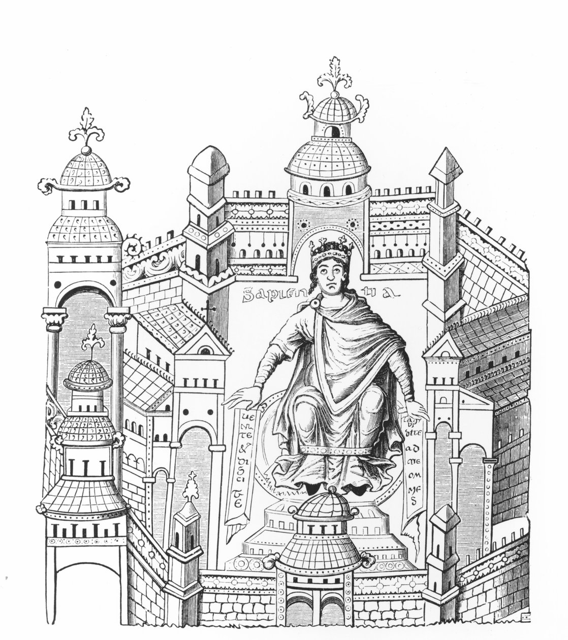 Kont Horace de Viel-Castel (1798-1864) tarafından kopyalanan bir el yazmasındaki minyatürden sonra, tüm insan ırkına hitap eden Bilgeliği kişileştiren sarayında bir Carlovingian kralı by French School