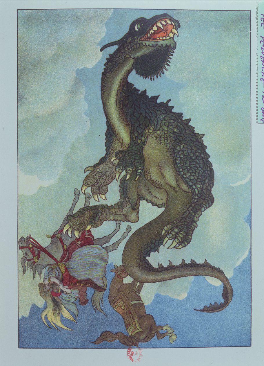 Gökten Düşen Bir Ejderha, Macar masalı 'Pervenche'nin Hikayesi'nden örnek, 1910 dolayları (renkli lito) by French School