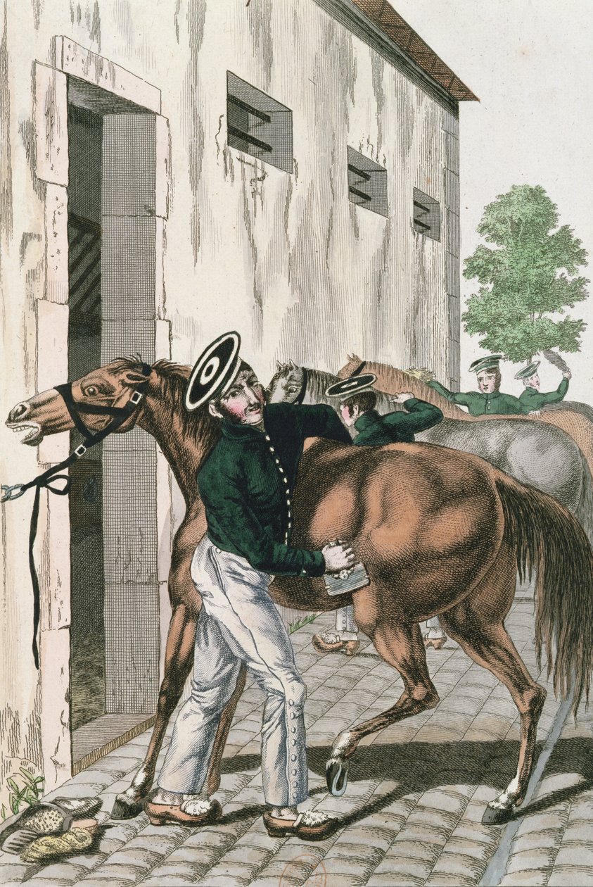 Atını tımar eden bir Ejderha, bir dizi Fransız İmparatorluk askerinden 257 numaralı plaka, c.1800-10 by French School