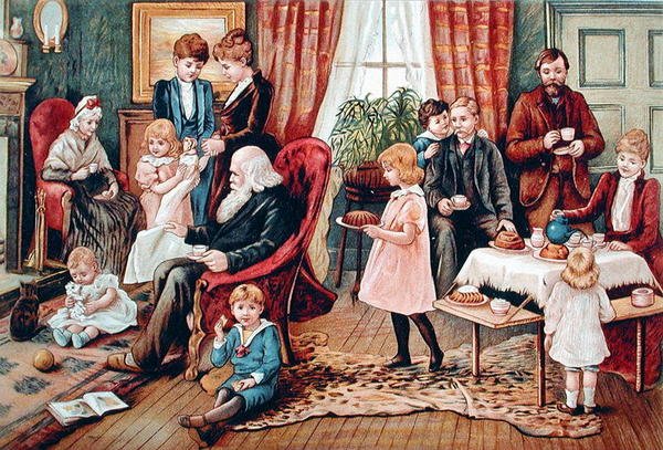 Çay İçen Bir Aile, c.1900 (renkli taş) by French School