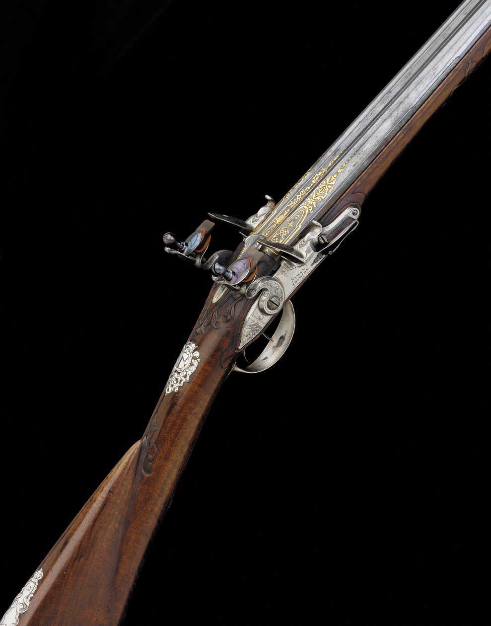 İnce ve Nadir 20 Çaplı Gümüş Montajlı Fransız D.B. Çakmaklı Spor Silahı, c.1725 by French School