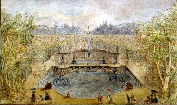 Fıskiyeli Resmi Bir Bahçe, c.1770 (kağıt üzerine kalem ve mürekkep ve suluboya) by French School