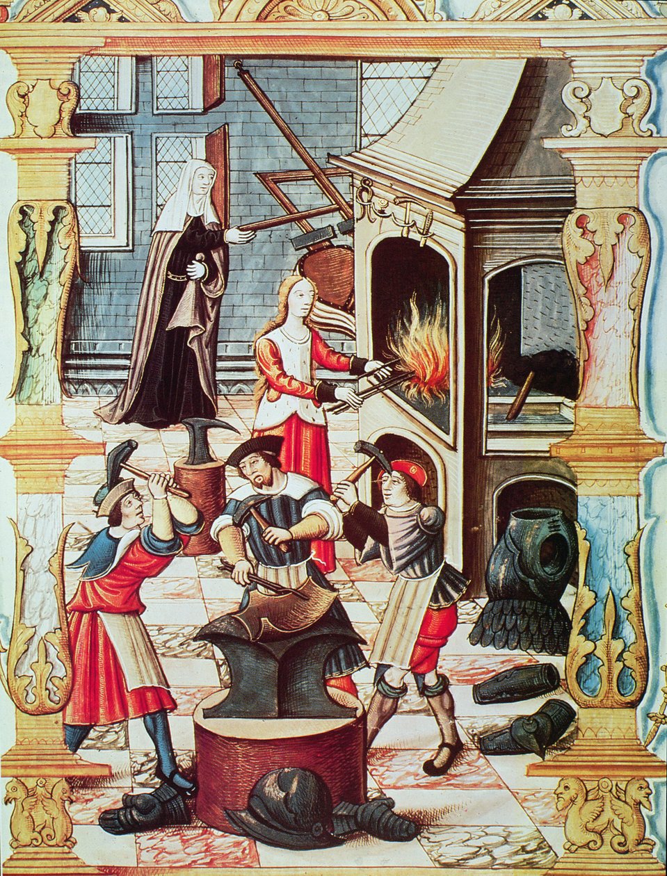 16. yüzyıldan kalma bir Fransız demirhanesi, 'Chants royaux sur la Conception Couronnee du Puy de Rouen'den bir minyatürün kopyası (renkli taş) by French School