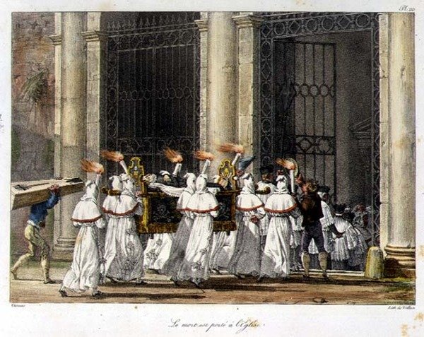 Kilise Kapısında Cenaze Alayı (renkli gravür) by French School
