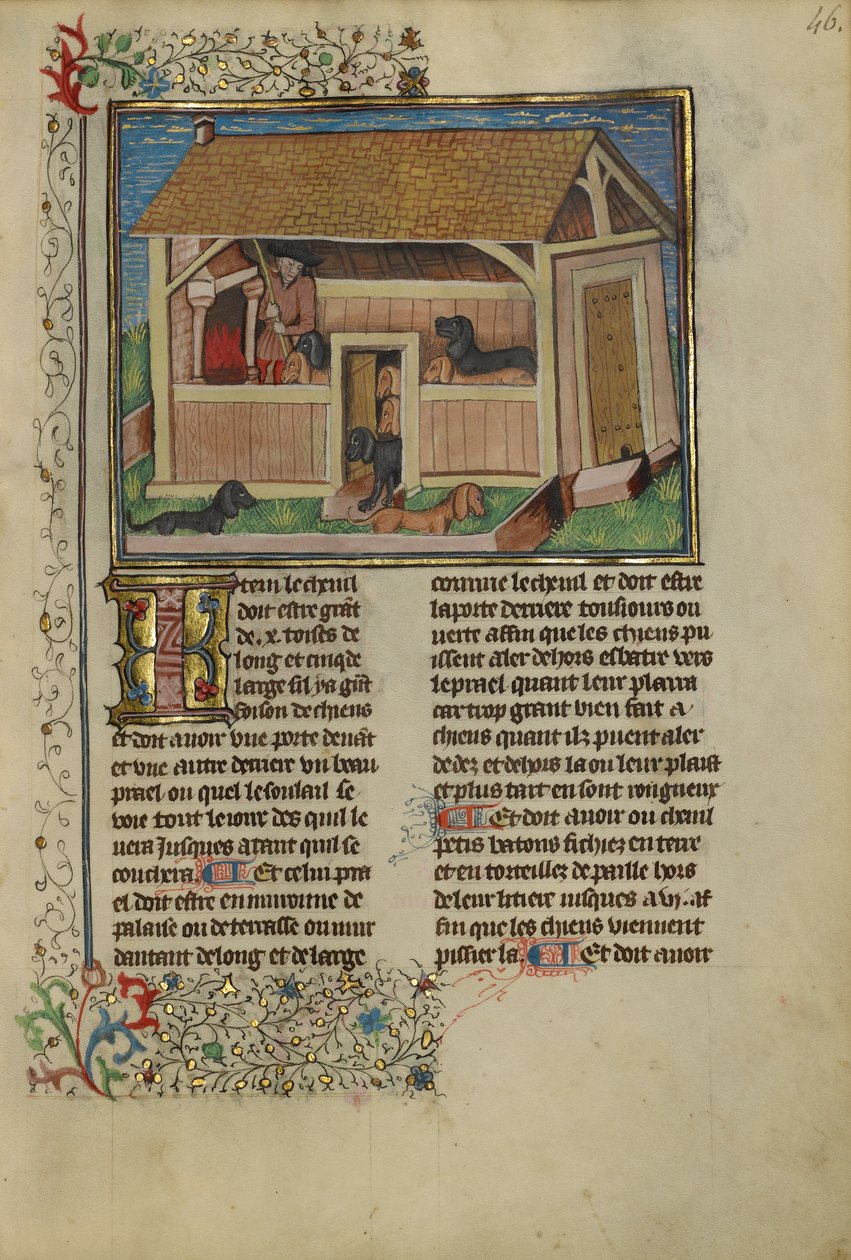 Kulübedeki Köpeklere Katılan Bir Avcı, c.1430-40 (tempera, altın, gümüş boya ve parşömen üzerine yaprak) by French School