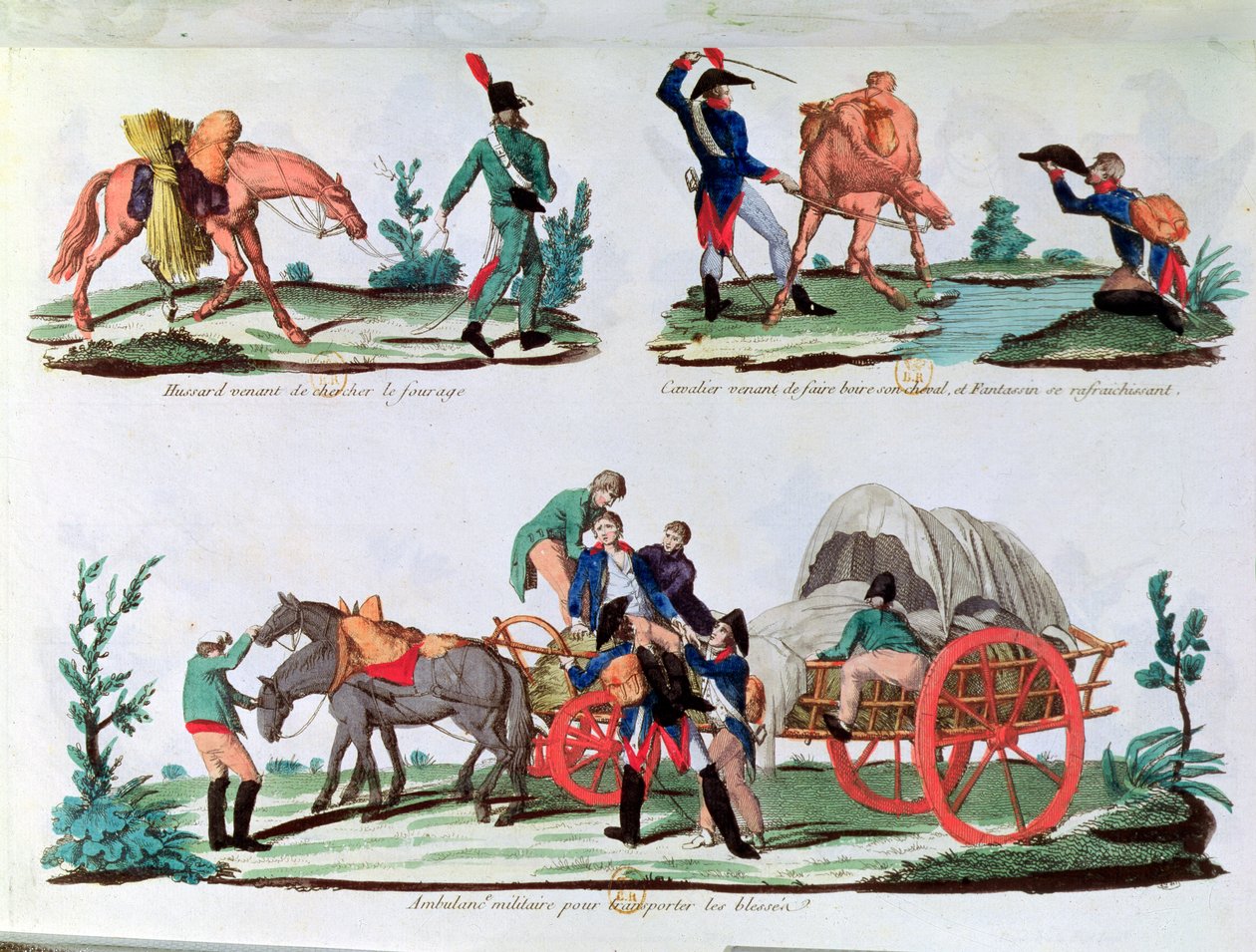 Yem taşıyan bir Hussar, bir süvari ve susuzluğunu gideren bir piyade ve bir askeri ambulans (renkli gravür) by French School