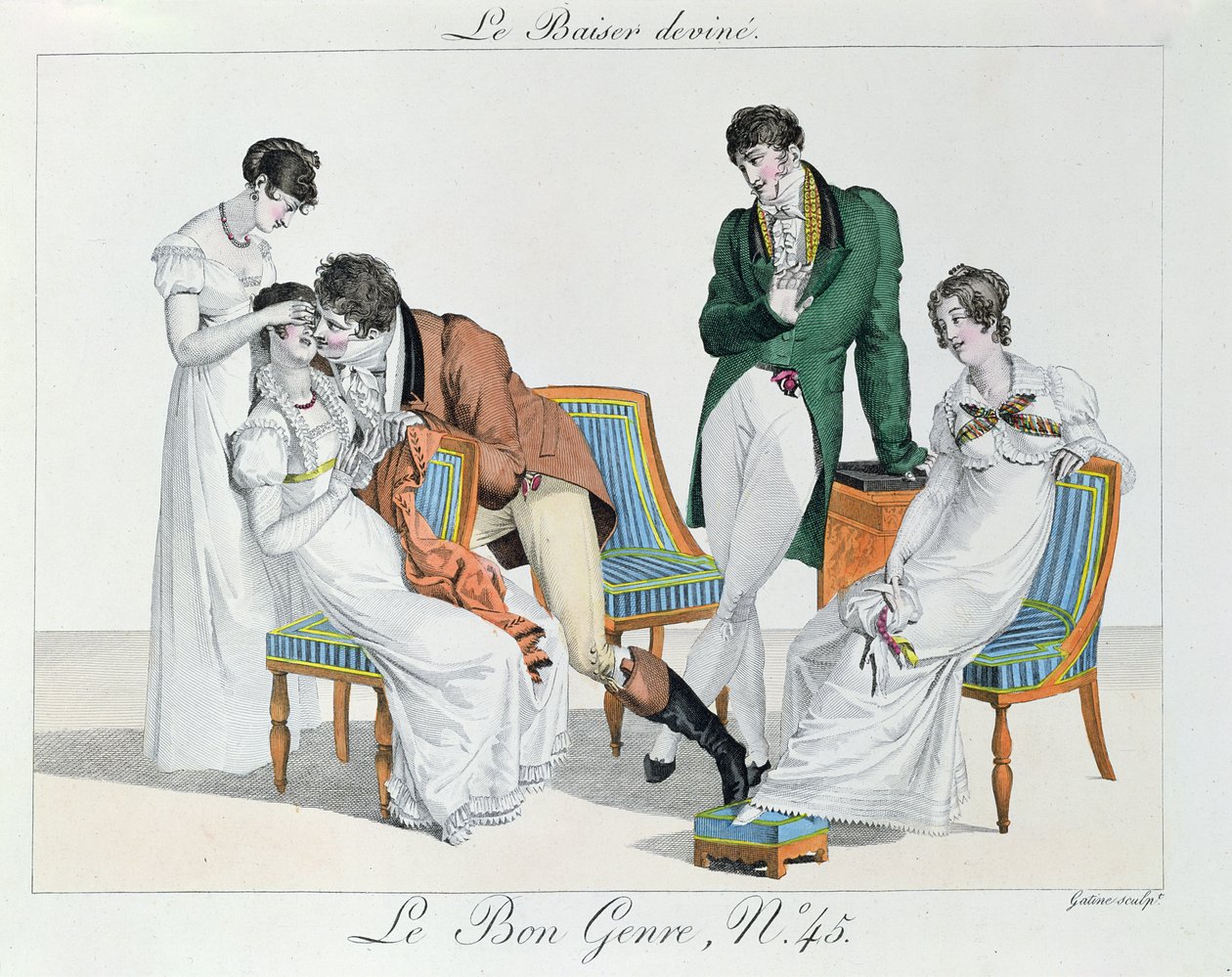 Bir Öpüşme Oyunu, on dokuzuncu yüzyılın başları (renkli gravür) by French School