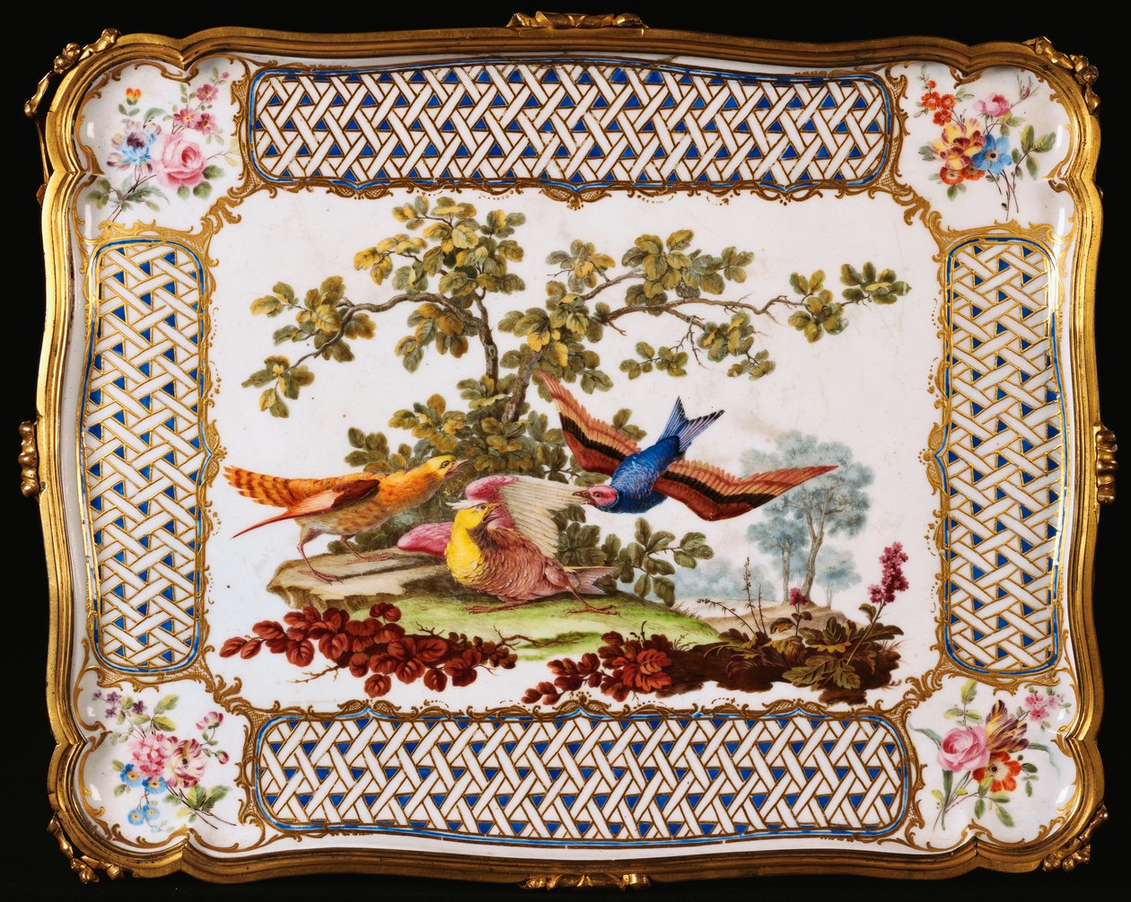 Bir manzarada üç egzotik kuşla süslenmiş bir Louis XV Sevres tepsisi, bir masanın üstünü oluşturan bir kafe, 1761 by French School